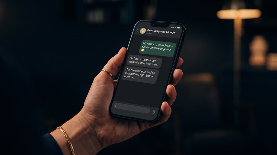Student messaging Dees Language Lounge on WhatsApp